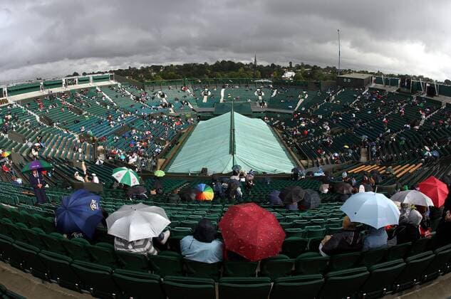 Regenpause in Wimbledon - Der Center Court wird im Gegensatz zu den Zuschauern mit Hilfe einer Plane vor dem Regen geschützt Tennis Herren All England Championships 2007, Grand Slam, ATP Tour, Tennisfans, Zuschauer, Publikum, wolkig, Vdig, Totale Wimbledon Centercourt, Regenplane, Regenschirm London Regenschirme, Dunkle Wolken, bewölkt, Tennis Herren All England Championships 2007, Grand Slam, ATP Tour, Tennisfans, Zuschauer, Publikum, wolkig, Vdig, Totale Wimbledon Centercourt, Regenplane, Regenschirm London Regenschirme, Dunkle Wolken, bewölkt,