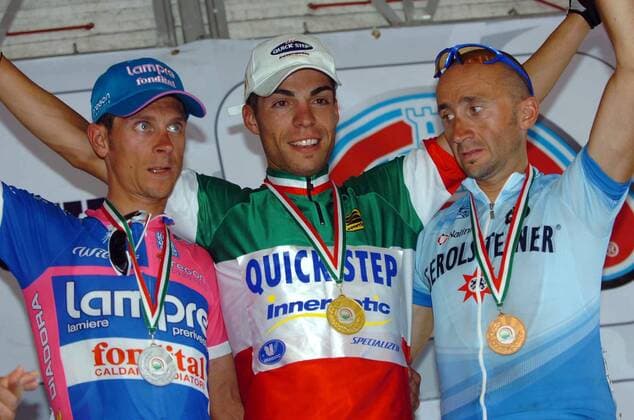 Siegerehrung Italienische Meisterschaft 2007, v.li.: Paolo Bossoni (Lampre, Silber), Italienischer Meister Giovanni Visconti (Quick Step Innergetic) und Davide Rebellin (alle Italien Gerolsteiner, Bronze) - Radsport LM Herren Italienische Meisterschaft 2007, Landesmeisterschaft, Straßenradsport, Straße, Rad Gruppe Genua Freude, Radsport LM Herren Italienische Meisterschaft 2007, Landesmeisterschaft, Straßenradsport, Straße, Rad Gruppe Genua Freude,