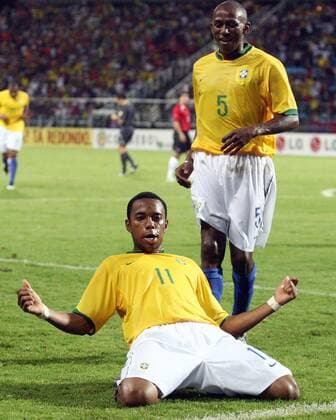 Robinho (vorn) und Mineiro (beide Brasilien) - Torjubel Fußball Länderspiel Herren Copa America 2007, Amerika, Südamerika, Südamerikameisterschaft, Meisterschaft, Viertelfinale, Gruppe Puerto La Cruz Freude, Fußball Länderspiel Herren Copa America 2007, Amerika, Südamerika, Südamerikameisterschaft, Meisterschaft, Viertelfinale, Gruppe Puerto La Cruz Freude,