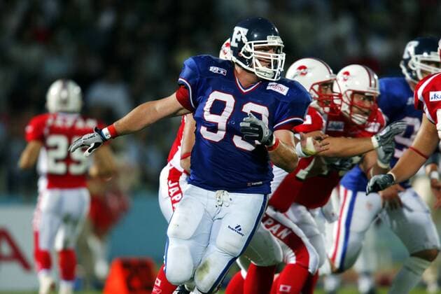 Yan Regnier (Frankreich, vorn) -  (2007070803335155) American Football Länderspiel Herren WM 2007, Nationalteam, Nationaltrikot, Japan - Frankreich 48:0 Gruppe Kanagawa Dynamik, American Football Länderspiel Herren WM 2007, Nationalteam, Nationaltrikot, Japan - Frankreich 48:0 Gruppe Kanagawa Dynamik,