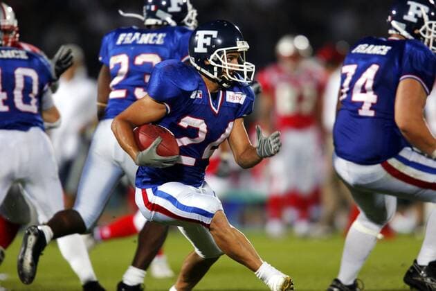 Jeremy Larroque (Frankreich) am Ball -  (2007070803343841) American Football Länderspiel Herren WM 2007, Nationalteam, Nationaltrikot Einzelbild Kanagawa Dynamik, American Football Länderspiel Herren WM 2007, Nationalteam, Nationaltrikot Einzelbild Kanagawa Dynamik,