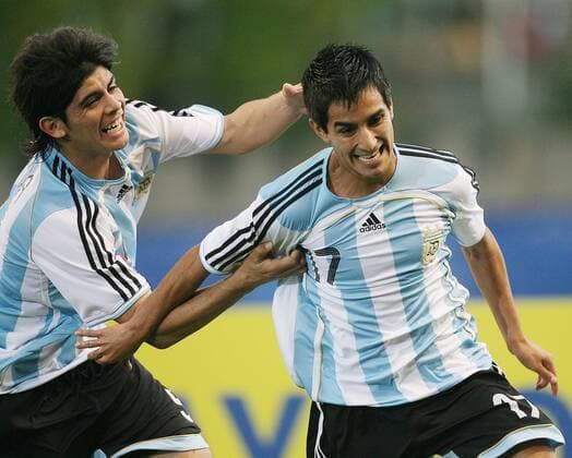 Maximiliano Moralez (re.) und Ever Maximiliano Banega (beide Argentinien U20) - Torjubel Fußball Länderspiel Herren U 20 WM 2007, Junioren, U20, Nationalteam, Nationaltrikot, Viertelfinale Gruppe Ottawa Freude, Begeisterung, Fußball Länderspiel Herren U 20 WM 2007, Junioren, U20, Nationalteam, Nationaltrikot, Viertelfinale Gruppe Ottawa Freude, Begeisterung,