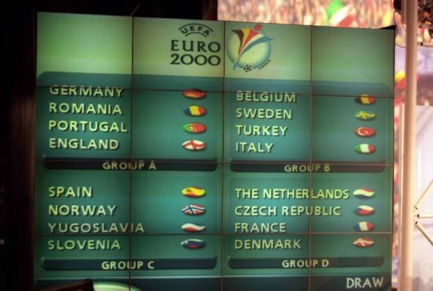 Die Ansetzung der Gruppen A bis D nach der Endrundenauslosung zur Euro 2000 in Brüssel auf einer Videowand Fußball Herren Vorschau 1999 EM 2000, Auslosung Ziehung Gruppenauslosung Gruppenziehung auslosen losen Vneg Einzelbild o0 Tableau Brüssel Fußball Herren Vorschau 1999 EM 2000, Auslosung Ziehung Gruppenauslosung Gruppenziehung auslosen losen Vneg Einzelbild o0 Tableau Brüssel