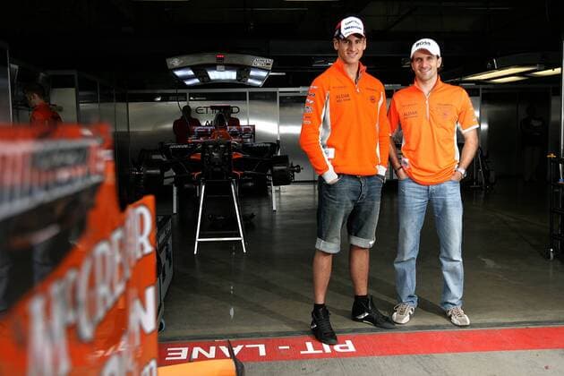 Adrian Sutil (li.) und Markus Winkelhock (beide Deutschland Spyker) vor der Box - Motorsport Herren Großer Preis von Europa 2007, Formel 1 WM, F1, F, GP Gruppe Nürburgring Nürburg Freude, Motorsport Herren Großer Preis von Europa 2007, Formel 1 WM, F1, F, GP Gruppe Nürburgring Nürburg Freude,
