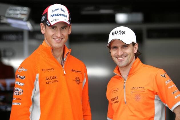Adrian Sutil (li.) und Markus Winkelhock (beide Deutschland Spyker) -  Motorsport Herren Großer Preis von Europa 2007, Formel 1 WM, F1, F, GP Gruppe Nürburgring Nürburg Motorsport Herren Großer Preis von Europa 2007, Formel 1 WM, F1, F, GP Gruppe Nürburgring Nürburg