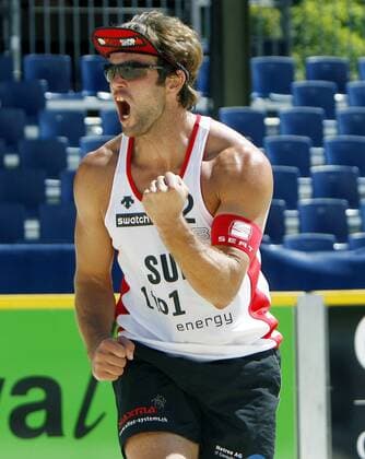 Marcel Gscheidle (Schweiz) jubelt lautstark Beachvolleyball WM Herren Beach WM 2007 Einzelbild Gstaad Freude, Begeisterung, Beachvolleyball WM Herren Beach WM 2007 Einzelbild Gstaad Freude, Begeisterung,