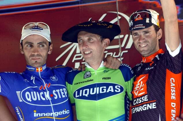 Siegerehrung Clasica San Sebastian 2007: Sieger Leonardo Bertagnolli (Italien Liquigas, Mitte) zwischen Juan Manuel Garate (Quick Step Innergetic, li.) und Alejandro Valverde (Caisse d Epargne, beide Spanien) - Radsport Herren Clasica San Sebastian 2007, Straßenradsport, Straße, Rad, ProTour Gruppe Radsport Herren Clasica San Sebastian 2007, Straßenradsport, Straße, Rad, ProTour Gruppe