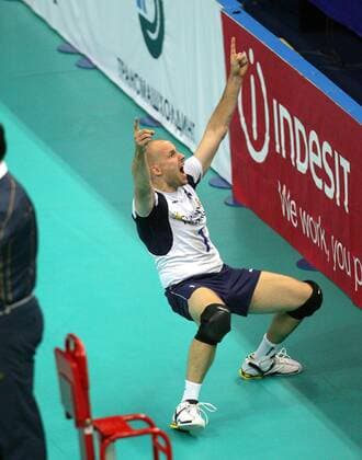 Tapio Kangasniemi (Finnland) jubelt-  Volleyball Länderspiel Herren EM 2007, Nationalmannschaft, Nationaltrikot Einzelbild Moskau Freude, Begeisterung, Volleyball Länderspiel Herren EM 2007, Nationalmannschaft, Nationaltrikot Einzelbild Moskau Freude, Begeisterung,