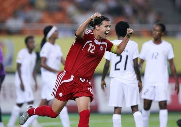 Christine Sinclair (Kanada) - Torjubel Fußball Länderspiel Damen WM 2007, Frauen, Nationalmannschaft, Nationaltrikot, Frauenfußball, Gruppe C, Kanada - Ghana 4:0 Einzelbild Hangzhou Freude, Begeisterung, Fußball Länderspiel Damen WM 2007, Frauen, Nationalmannschaft, Nationaltrikot, Frauenfußball, Gruppe C, Kanada - Ghana 4:0 Einzelbild Hangzhou Freude, Begeisterung,