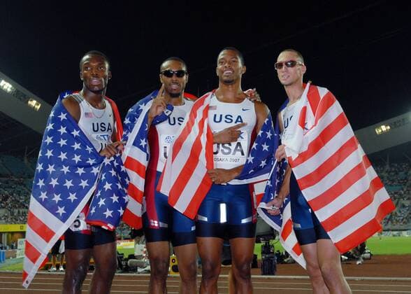 USA, Weltmeister über 4x400m, v.li.: LaShawn Merritt, Angelo Taylor, Darold Williamson und Jeremy Wariner - Leichtathletik WM Herren WM 2007, Nationaltrikot, 4x400m, 4 x 400 m, 400m, Meter, Staffel, Staffellauf Gruppe Osaka Freude, Leichtathletik WM Herren WM 2007, Nationaltrikot, 4x400m, 4 x 400 m, 400m, Meter, Staffel, Staffellauf Gruppe Osaka Freude,