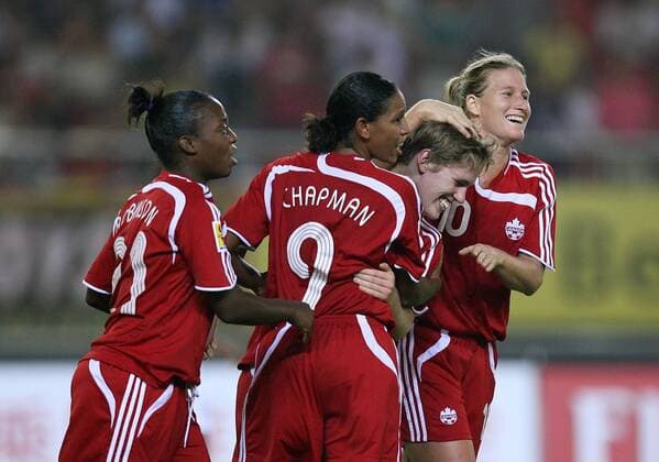 Torjubel Kanada, v.li.: Jodi Ann Robinson, Candace Marie Chapman, Sophie Schmidt und Martina Franko Fußball Länderspiel Damen WM 2007, Frauen, Nationalmannschaft, Nationaltrikot, Frauenfußball, Gruppe C, Kanada Gruppe Hangzhou Freude, Fußball Länderspiel Damen WM 2007, Frauen, Nationalmannschaft, Nationaltrikot, Frauenfußball, Gruppe C, Kanada Gruppe Hangzhou Freude,