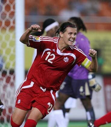 Christine Sinclair (Kanada) - Torjubel Fußball Länderspiel Damen WM 2007, Frauen, Nationalmannschaft, Nationaltrikot, Frauenfußball, Gruppe C, Kanada Einzelbild Hangzhou Freude, Begeisterung, Fußball Länderspiel Damen WM 2007, Frauen, Nationalmannschaft, Nationaltrikot, Frauenfußball, Gruppe C, Kanada Einzelbild Hangzhou Freude, Begeisterung,