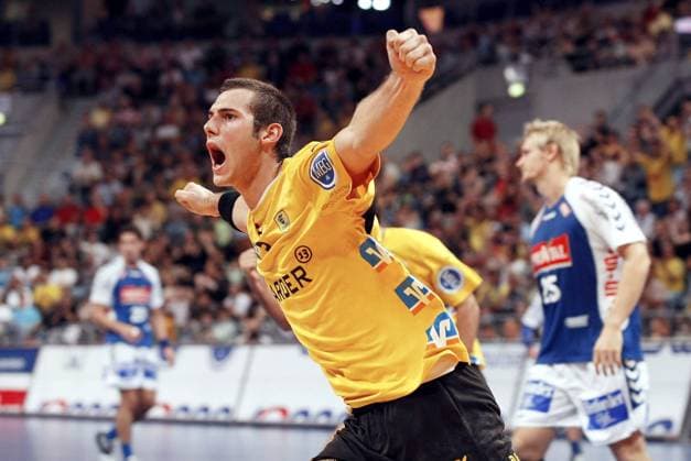 Uwe Gensheimer (Rhein Neckar Löwen) - Torjubel Handball 1. BL Herren Saison 2007 2008, SG Kronau Östringen Einzelbild Mannheim Freude, Begeisterung, Handball 1. BL Herren Saison 2007 2008, SG Kronau Östringen Einzelbild Mannheim Freude, Begeisterung,