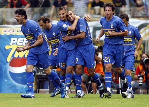 Torjubel Juventus Turin, v.li. Torschütze Vincenzo Iaquinta, Zanetti, Domenico Criscito, David Trezeguet und Zdenek Grygera - Fußball Herren Serie A 2007 2008, 1. Italienische Liga, Juventus Turin, Juve Gruppe Rom Freude, Fußball Herren Serie A 2007 2008, 1. Italienische Liga, Juventus Turin, Juve Gruppe Rom Freude,