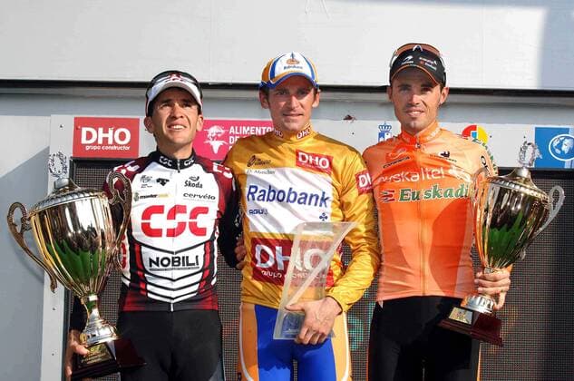 Siegerehrung Vuelta a Espana 2007: Denis Menchov (Rußland Rabobank, Mitte) gewinnt die Spanienrundfahrt vor Carlos Sastre (CSC, li.) und Samuel Sanchez Gonzalez (Euskaltel Euskadi beide Spanien) - Radsport Herren Vuelta a Espana 2007, Spanienrundfahrt, ProTour, Straßenradsport, Straße, Rad Gruppe Madrid Radsport Herren Vuelta a Espana 2007, Spanienrundfahrt, ProTour, Straßenradsport, Straße, Rad Gruppe Madrid
