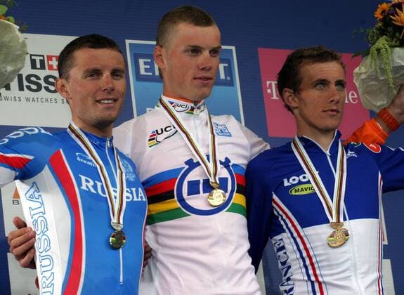Siegerehrung U23 Weltmeisterschaft im Einzelzeitfahren 2007: Weltmeister Lars Boom (Niederlande, Mitte), Mikhail Ignatiev (Russland, li.) und Jerome Coppel (Frankreich) Radsport WM Herren WM 2007, U23, U 23, Straßenradsport, Straße, Rad, Nationaltrikot, Nachwuchs, Junioren, Zeitfahren Gruppe Stuttgart Radsport WM Herren WM 2007, U23, U 23, Straßenradsport, Straße, Rad, Nationaltrikot, Nachwuchs, Junioren, Zeitfahren Gruppe Stuttgart