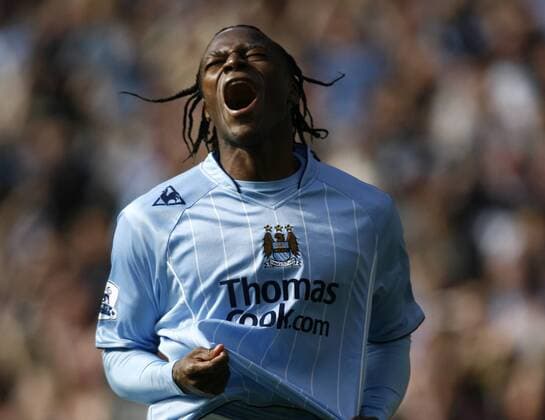 Emile Mpenza (Manchester City) - Torjubel - EDITORIAL USE ONLY. No use with unauthorised audio, video, data, fixture lists, club league logos or live services. Online in-match use limited to 120 images, no video emulation. No use in betting, games or single club league player publications. Fußball Herren English Premier League 2007 2008, 1. Englische Liga, Manchester City Einzelbild Manchester Freude, Begeisterung, Fußball Herren English Premier League 2007 2008, 1. Englische Liga, Manchester City Einzelbild Manchester Freude, Begeisterung,