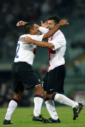 Walter Samuel (re.) und Ivan Cordoba (beide Inter Mailand) jubeln -  Fußball Herren Serie A 2007 2008, 1. Italienische Liga, FC Internazionale Mailand Gruppe Rom Begeisterung, Freude, Fußball Herren Serie A 2007 2008, 1. Italienische Liga, FC Internazionale Mailand Gruppe Rom Begeisterung, Freude,