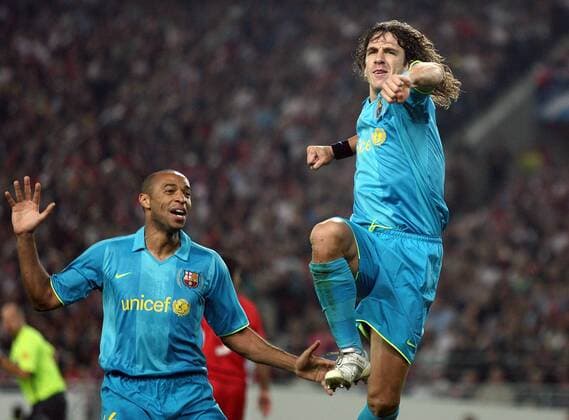 Carles Puyol (re.) und Thierry Henry (beide FC Barcelona) - Torjubel Fußball EC 1 Herren Champions League 2007 2008, FC Barcelona, Barca Gruppe Stuttgart Freude, Fußball EC 1 Herren Champions League 2007 2008, FC Barcelona, Barca Gruppe Stuttgart Freude,