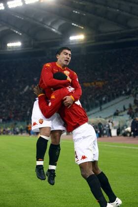 David Pizarro (li.) und Juan (beide AS Rom) - Torjubel -  Fußball EC 1 Herren Champions League 2007 2008, Roma Gruppe Rom Freude, Fußball EC 1 Herren Champions League 2007 2008, Roma Gruppe Rom Freude,