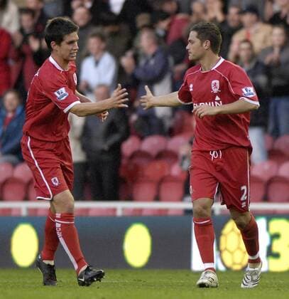 Chris Riggott (li.) und Luke Young (beide Middlesbrough) - Torjubel - EDITORIAL USE ONLY. No use with unauthorised audio, video, data, fixture lists, club league logos or live services. Online in-match use limited to 120 images, no video emulation. No use in betting, games or single club league player publications. Fußball Herren English Premier League 2007 2008, 1. Englische Liga, Middlesbrough FC Gruppe Middlesbrough Freude, Fußball Herren English Premier League 2007 2008, 1. Englische Liga, Middlesbrough FC Gruppe Middlesbrough Freude,