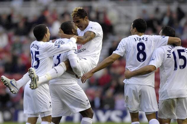 Torjubel Tottenham Hotspurs, u.a. mit Kevin Prince Boateng (3.v.li.) und Darren Bent (2.v.li.) - EDITORIAL USE ONLY. No use with unauthorised audio, video, data, fixture lists, club league logos or live services. Online in-match use limited to 120 images, no video emulation. No use in betting, games or single club league player publications. Fußball Herren English Premier League 2007 2008, 1. Englische Liga, Tottenham Hotspur, Spurs Gruppe Middlesbrough Freude, Begeisterung, Fußball Herren English Premier League 2007 2008, 1. Englische Liga, Tottenham Hotspur, Spurs Gruppe Middlesbrough Freude, Begeisterung,