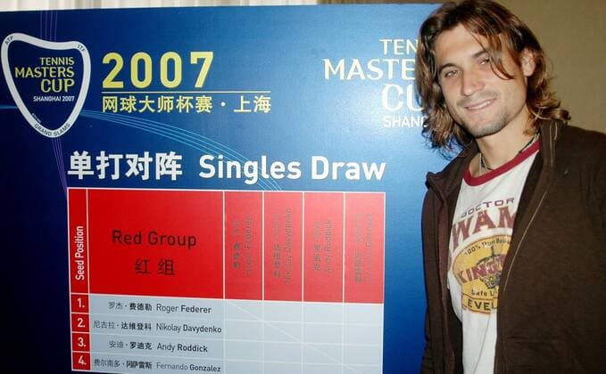 David Ferrer (Spanien) vor dem Turnierplan für die rote Gruppe -  Tennis WM Herren Vorschau ATP Masters Cup 2007, Series, Tour, Pressekonferenz, Pressetermin, premiumd Einzelbild Shanghai Tennis WM Herren Vorschau ATP Masters Cup 2007, Series, Tour, Pressekonferenz, Pressetermin, premiumd Einzelbild Shanghai