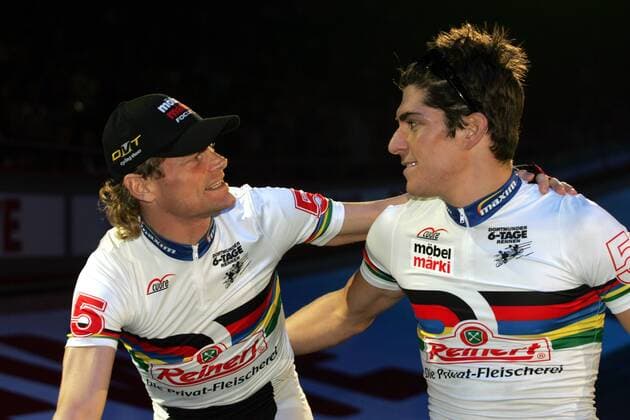 Bruno Risi (li.) und Franco Marvulli (beide Schweiz) Radsport Herren 66. Dortmunder 6 Tage Rennen 2007, Sextagerennen, Sechstage, Sechs, SixDays, Six Days Gruppe Dortmund Radsport Herren 66. Dortmunder 6 Tage Rennen 2007, Sextagerennen, Sechstage, Sechs, SixDays, Six Days Gruppe Dortmund