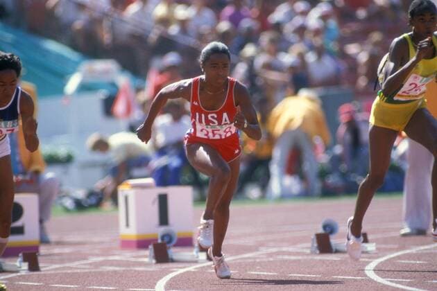 Evelyn Ashford (USA, Mitte) - Start Leichtathletik OS Sommer Damen Olympische Spiele 1984, Sommerspiele, Nationaltrikot 100m, 100 m, Meter, Sprint, Kurzstrecke Vdia Gruppe Los Angeles LA L A Dynamik, Leichtathletik OS Sommer Damen Olympische Spiele 1984, Sommerspiele, Nationaltrikot 100m, 100 m, Meter, Sprint, Kurzstrecke Vdia Gruppe Los Angeles LA L A Dynamik,