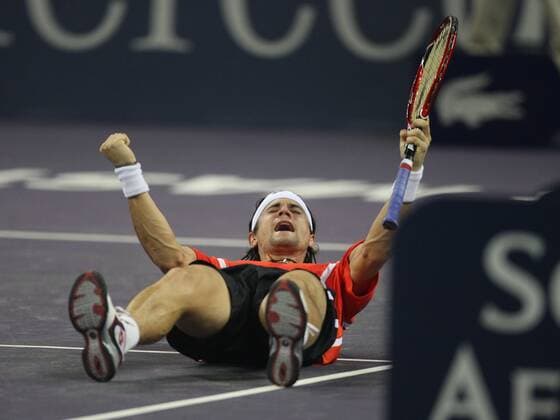 David Ferrer (Spanien) - Schlussjubel auf dem Boden liegend Tennis WM Herren ATP Masters Cup 2007, Series, Tour Einzelbild Shanghai Freude, Begeisterung, Tennis WM Herren ATP Masters Cup 2007, Series, Tour Einzelbild Shanghai Freude, Begeisterung,