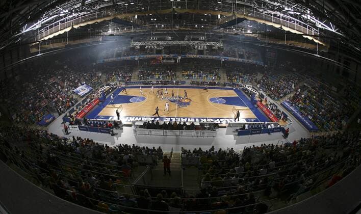 Frankfurter Ballsporthalle während eines Spiels der Skyliners Basketball 1. BL Herren BBL 2007 2008, Deutsche Bank Skyliners Frankfurt Totale Ballsporthalle Frankfurt M. Basketball 1. BL Herren BBL 2007 2008, Deutsche Bank Skyliners Frankfurt Totale Ballsporthalle Frankfurt M.