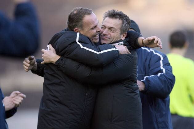 Fußball, Trainerhistorie, Wuppertaler SV Manager Georg Kress (li.) und Trainer Wolfgang Jerat (beide Wuppertal) jubeln Fußball Herren Regionalliga Nord 2007 2008, 3. Liga, Wuppertaler SV Borussia, WSV Gruppe Wuppertal Freude, Begeisterung, Fußball Herren Regionalliga Nord 2007 2008, 3. Liga, Wuppertaler SV Borussia, WSV Gruppe Wuppertal Freude, Begeisterung,