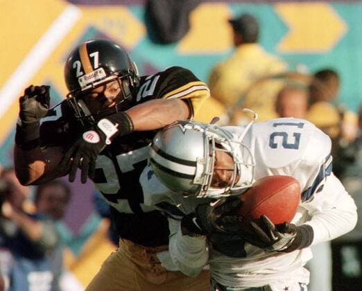 Willie Williams (Pittsburgh Steelers, li.) gegen Deion Sanders (Dallas Cowboys) -  (TEM96012804) American Football Herren NFL 1995 1996, Superbowl XXX, Super Bowl, Finale, Endspiel, Dallas Cowboys - Pittsburgh Steelers Gruppe Tempe American Football Herren NFL 1995 1996, Superbowl XXX, Super Bowl, Finale, Endspiel, Dallas Cowboys - Pittsburgh Steelers Gruppe Tempe