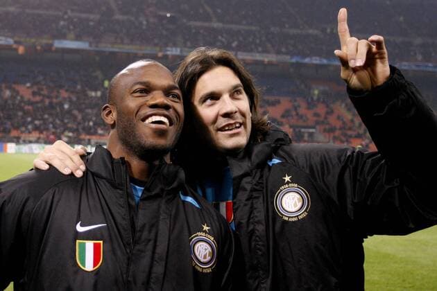 David Suazo (li.) und Santiago Solari (beide Inter Mailand) im Gespräch -  Fußball EC 1 Herren Champions League 2007 2008, FC Internazionale Mailand Gruppe Mailand Fußball EC 1 Herren Champions League 2007 2008, FC Internazionale Mailand Gruppe Mailand