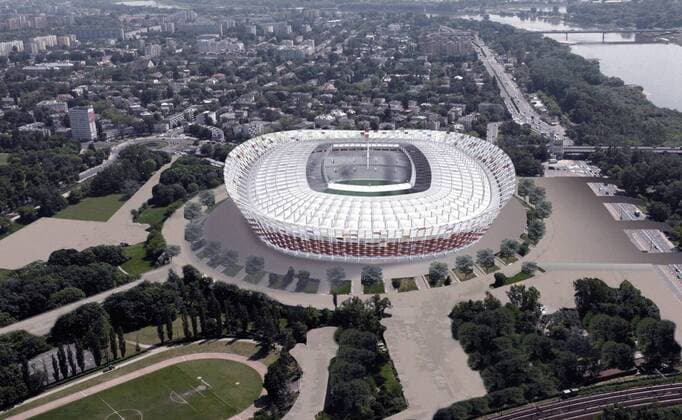 Computeranimation der National Arena in Warschau für die Euro 2012 - (EN00151960004) Fußball EM Herren Vorschau 2007, Euro 2012, Stadion, Fußballstadion, außen, Außenansicht, Totale National Stadium Warschau Fußball EM Herren Vorschau 2007, Euro 2012, Stadion, Fußballstadion, außen, Außenansicht, Totale National Stadium Warschau