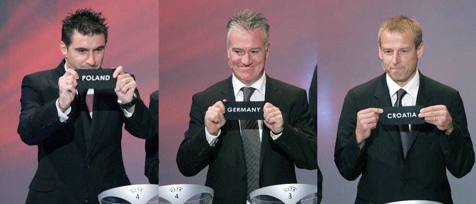 Fotomontage: Ziehung der Gruppe B bei der Gruppenauslosung zur Euro 2008 - Theodoros Zagorakis (Griechenland, li.) zieht Poland, Didier Deschamps (Frankreich, Mitte) zieht Germany und Jürgen Klinsmann (Deutschland) zieht Croatia - Fußball EM Herren Gruppenauslosung 2007, EM 2008, Gruppen Auslosung, Ziehung, auslosen, Vorschau, Nationalmannschaft Gruppe Luzern Fußball EM Herren Gruppenauslosung 2007, EM 2008, Gruppen Auslosung, Ziehung, auslosen, Vorschau, Nationalmannschaft Gruppe Luzern