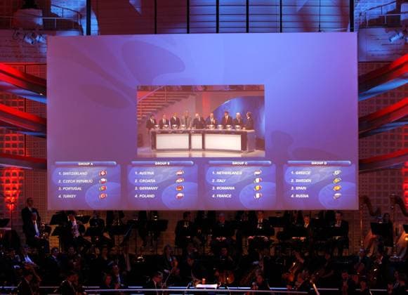 Leinwand verkündet das Ergebnis der Gruppenauslosung zur Euro 2008 - Gruppe A: Schweiz, Tschechien, Portugal, Türkei; Gruppe B: Österreich, Kroatien, Deutschland, Polen; Gruppe C: Niederlande, Italien, Rumänien, Frankreich; Gruppe D: Griechenland,... Fußball EM Herren Gruppenauslosung 2007, EM 2008, Gruppen Auslosung, Ziehung, auslosen, Nationalmannschaft, Vorschau Totale Luzern, Fußball EM Herren Gruppenauslosung 2007, EM 2008, Gruppen Auslosung, Ziehung, auslosen, Nationalmannschaft, Vorschau Totale Luzern,