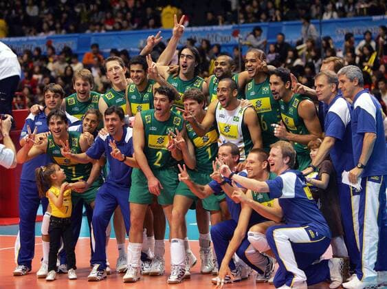 Brasilien jubelt über den Gewinn des Weltcups 2007 - Volleyball Länderspiel Herren Weltcup 2007, WC, Worldcup, World, Welt Cup, Nationalmannschaft, Nationaltrikot, Totale Tokio, Tokyo Freude, Begeisterung, Volleyball Länderspiel Herren Weltcup 2007, WC, Worldcup, World, Welt Cup, Nationalmannschaft, Nationaltrikot, Totale Tokio, Tokyo Freude, Begeisterung,