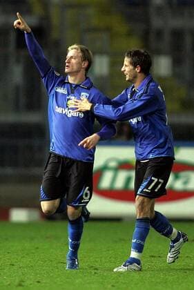 Ignazio Abate (li.) und Luca Antonini (beide Empoli) - Torjubel - Fußball Herren Coppa Italia 2007 2008, Italienischer Pokal, Pokalspiel, Empoli FC Gruppe Empoli Freude, Begeisterung, Fußball Herren Coppa Italia 2007 2008, Italienischer Pokal, Pokalspiel, Empoli FC Gruppe Empoli Freude, Begeisterung,