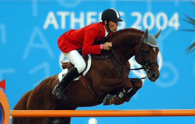 Ludger Beerbaum (Deutschland) auf Goldfever Pferdesport OS Sommer Herren Olympische Sommerspiele Athen 2004, Olympiade, Olympia, Spiele, Reiten, Reitsport Einzelbild Markopoulo Pferdesport OS Sommer Herren Olympische Sommerspiele Athen 2004, Olympiade, Olympia, Spiele, Reiten, Reitsport Einzelbild Markopoulo