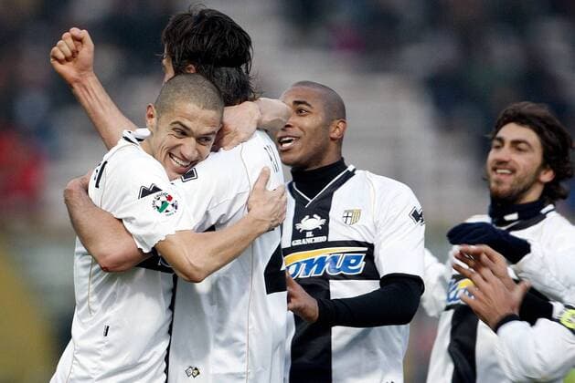 Torjubel Parma, v.li.: Stefano Morrone, Massimo Paci und Reginaldo - Fußball Herren Serie A 2007 2008, 1. Italienische Liga, FC Parma Gruppe premiumd Parma Begeisterung, Freude, Fußball Herren Serie A 2007 2008, 1. Italienische Liga, FC Parma Gruppe premiumd Parma Begeisterung, Freude,
