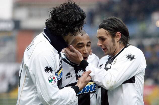 Torjubel Parma, v.li.: Bernardo Corradi und Reginaldo, Andrea Pisanu - Fußball Herren Serie A 2007 2008, 1. Italienische Liga, FC Parma Gruppe Parma Glück, Harmonie, Freude, Fußball Herren Serie A 2007 2008, 1. Italienische Liga, FC Parma Gruppe Parma Glück, Harmonie, Freude,