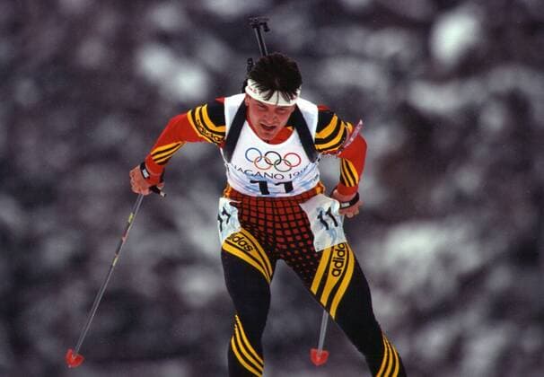 Sven Fischer (Deutschland) Biathlon OS Winter Herren Olympia 1998 Einzelbild Aufnahmedatum geschätzt, Nagano, Nozawa Onsen Dynamik, Biathlon OS Winter Herren Olympia 1998 Einzelbild Aufnahmedatum geschätzt, Nagano, Nozawa Onsen Dynamik,