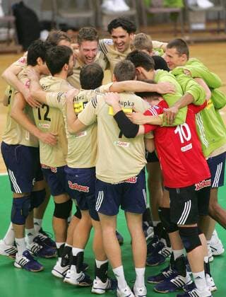 Schlussjubel Friedrichshafen Volleyball Herren DVV Pokal 2007 2008, Pokalspiel, Halbfinale, VfB Friedrichshafen Totale Berlin Freude, Volleyball Herren DVV Pokal 2007 2008, Pokalspiel, Halbfinale, VfB Friedrichshafen Totale Berlin Freude,