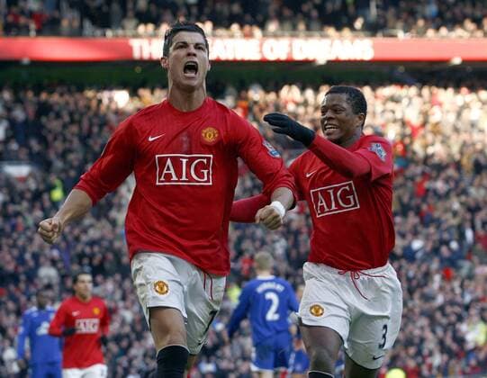 Cristiano Ronald (li..) und Patrice Evra (beide Manchester United) - Torjubel - EDITORIAL USE ONLY. No use with unauthorised audio, video, data, fixture lists, club league logos or live services. Online in-match use limited to 120 images, no video emulation. No use in betting, games or single club league player publications. Fußball Herren English Premier League 2007 2008, 1. Englische Liga, Manchester United, ManU Gruppe Manchester Freude, Begeisterung, Fußball Herren English Premier League 2007 2008, 1. Englische Liga, Manchester United, ManU Gruppe Manchester Freude, Begeisterung,