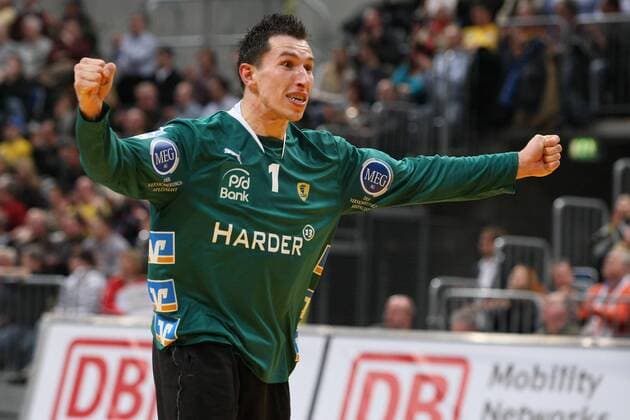 Torwart Slawomir Szmal (Rhein Neckar Löwen) jubelt Handball 1. BL Herren Saison 2007 2008, SG Kronau Östringen, Rhein Neckar Löwen Einzelbild Mannheim Freude, Begeisterung, Handball 1. BL Herren Saison 2007 2008, SG Kronau Östringen, Rhein Neckar Löwen Einzelbild Mannheim Freude, Begeisterung,