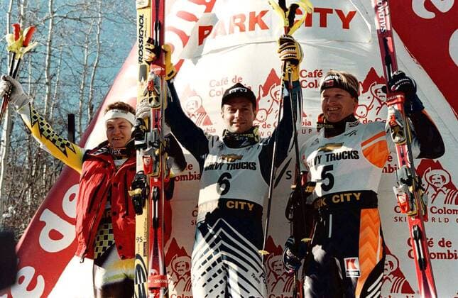 Thomas Stangassinger (Österreich, Mitte) gewinnt den Slalom von Park City 1997 vor Kristinn Bjornsson (Island, li.) und Finn Christian Jagge (Norwegen) -  (SLC97112305) Alpiner Skilauf Herren Weltcup 1997 1998, Welt Cup, Worldcup, World, WC, Ski alpin, Skisport, Slalom Gruppe Park City Freude, Alpiner Skilauf Herren Weltcup 1997 1998, Welt Cup, Worldcup, World, WC, Ski alpin, Skisport, Slalom Gruppe Park City Freude,