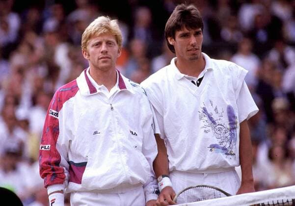 Boris Becker (li.) und Michael Stich (beide Deutschland) bestreiten das Wimbledon Finale 1991 Tennis Herren All England Championships 1991, Grand Slam, ATP Tour Gruppe Wimbledon London Tennis Herren All England Championships 1991, Grand Slam, ATP Tour Gruppe Wimbledon London