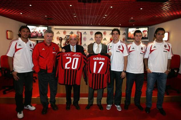 AC Mailand bindet sich bis 2017 an Ausrüster Adidas, v.li.: Paolo Maldini, Trainer Carlo Ancelotti, Vizepräsident Adriano Galliani, Vorstandsvorsitzender Herbert Hainer (Adidas Salomon AG Deutschland), Kaka, Yoann Gourcuff und...- Fußball Herren Serie A 2007 2008, 1. Italienische Liga, Milan, Wirtschaft, Vertrag, Verlängerung Johan Gruppe Präsentation Vorsitzender Ausrüstervertrag Johann Mailand Ricardo Izecson Trikot Schriftzug Yoan Fußball Herren Serie A 2007 2008, 1. Italienische Liga, Milan, Wirtschaft, Vertrag, Verlängerung Johan Gruppe Präsentation Vorsitzender Ausrüstervertrag Johann Mailand Ricardo Izecson Trikot Schriftzug Yoan