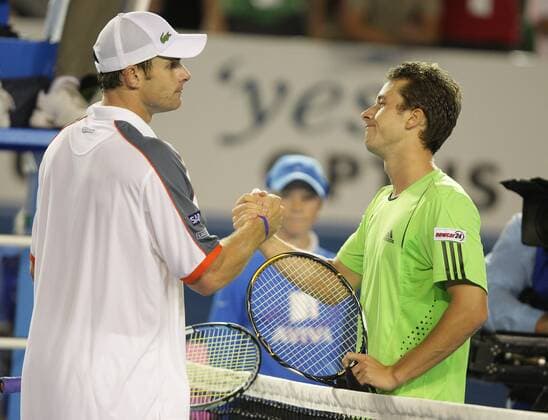 Andy Roddick (USA, li.) und Philipp Kohlschreiber (Deutschland) - Shake Hands Tennis Herren Australian Open 2008, Grand Slam, ATP Tour Gruppe Melbourne Tennis Herren Australian Open 2008, Grand Slam, ATP Tour Gruppe Melbourne